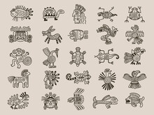 Aztec Animals. Mexican Tribals Symbols Maya Graphic Objects Native Ethnicity Drawings Recent Vector Aztec Civilization Set