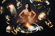 © Aliaksandr Marko - Casino, Beautiful young girl in a golden dress. Banner concept for casino, poker, gambling, croupier, website header, black and gold design, Gambling, luxury style, Baccarat. casino win poster