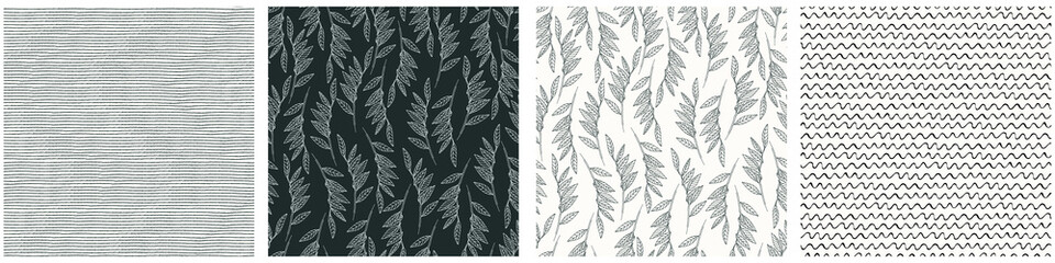 Seamless patterns set with elm tree branches and leaves on light background for surface design, wallpaper, fabrics, home decor. Monochrome pastel realistic line art
