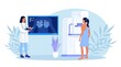 Woman patient getting breast screening test, mammography on x-ray machine. Doctor oncologist diagnose oncology, breast cancer. Mammogram Fluorography on screen. Healthcare and medical examination.
