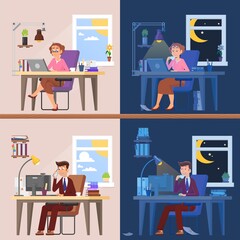 Wall Mural - Work day and night. Tired and exhausted woman and man. Late working with computer, deadline time. Busy people, decent workers vector characters