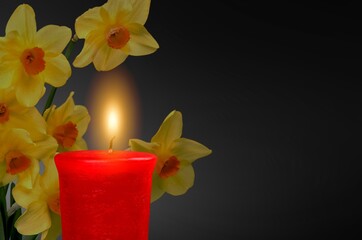 Poster - A candle burning flame in the darkness and flower