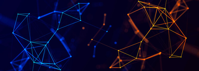 Leinwandbilder - Abstract polygonal space with connecting dots and lines. Dark background. Connection structure. 3d Widescreen