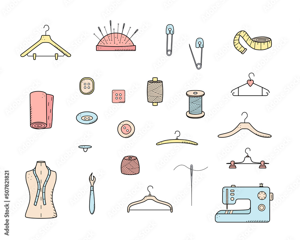 Tools for sewing and needlework. Doodle icon set tailoring, vector ...