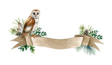 Barn Owl With Banner. Watercolor Illustration. Hand Drawn Owl On Vintage Banner With Forest Natural Elements, Pine Branches, Feathers. Rustic Floral Decoration. White Background