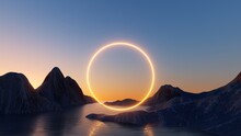 3d Render. Abstract Wallpaper With Sunset Or Sunrise And Round Geometric Shape. Mystic Landscape With Mountains, Water And Glowing Neon Ring.