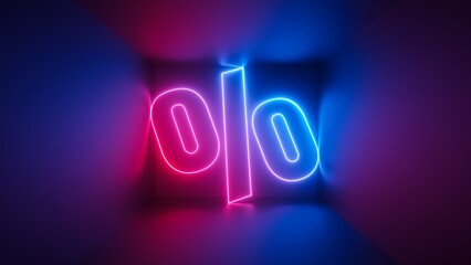 Wall Mural - 3d render, abstract background with percent sign inside the square box, glowing with pink blue neon light