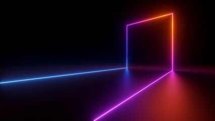 Wall Mural - 3d render, abstract geometric line glowing with colorful neon light over black background