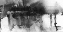 Art Abstract Grain Black And White Watercolor And Acrylic Flow Smear Blot Painting .  Copy Space Canvas Texture Horizontal Long Background.
