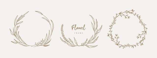 Wall Mural - Hand drawn floral frames with flowers,  branch and leaves. Elegant logo template. Vector illustration for labels, branding business identity, wedding invitation