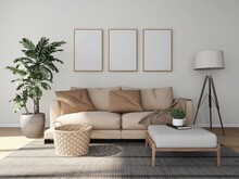 Living Room With Three Vertical Frame Mockups, Light Sofa And Interior Decoration With Ornamental Plants, Lamp And Basket. 3d Rendering, Interior Design, 3d Illustration