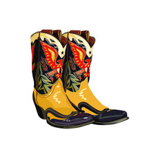 A Pair Of Western Cowboy Boots. Stylish Decorative Cowgirl Boots Embroidered With Traditional American Symbols. Realistic Hand Drawn Vector Illustration.