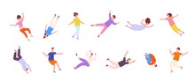 People In Floating Pose. Flying In Dream Characters, Soaring Gravity Person Fly Float Air Man, Flying Of Imagination Sky Swimming Hovering Falling, Flat Splendid Vector Illustration