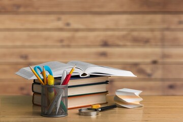 Canvas Print - A pile of old books on wooden desk. Reading, library, education, ancient books, book club concept.