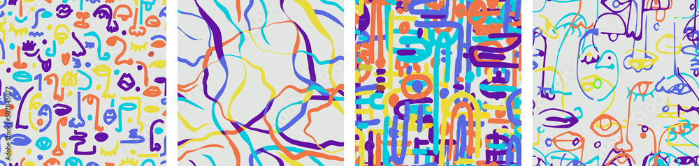 Set of colorful childish abstract hand drawn seamless pattern set ...
