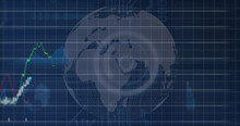Image Of Financial Data And Graphs Over Globe Rotating On Navy Background