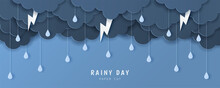 Paper Cut Of Rainy Day Text With Clouds, Rain Drops And Lightning On Blue Background, Copy Space. Vector Illustration