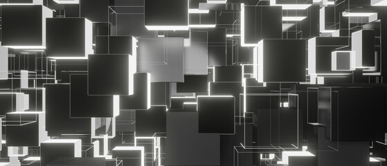 Wall Mural - grey silver tech squares on abstract background 3d render