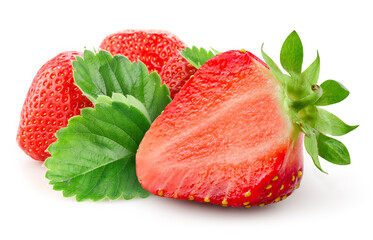 Canvas Print - Strawberries isolated. Strawberry slice and whole berry with leaf isolate. Three strawberries on white background. Side view.