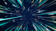 Cosmic hyperspace background. Speed of light, Hyper jump into another galaxy, multicolored glowing neon rays, Warp, Teleport, Hyper Speed Jump Effect Concept. 3D Rendering Illustration.