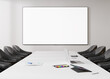 Conference room with blank, empty TV screen. Monitor mock up. Business meeting room with LCD screen for presentation, advertising. Modern, contemporary office. Free, copy space, template. 3d rendering
