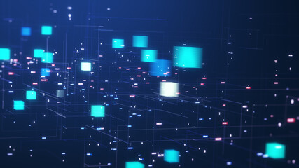 Blockchain concept. Isometric digital blocks connect with each other and shapes crypto chain. Blocks or cubes, connection consists of digital data. Digital network technology. 3D Render.