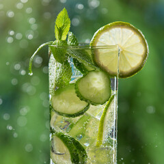 Wall Mural - in a transparent glass a refreshing drink with cucumber, lemon and mint, close-up