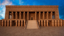 Large Ancient Egyptian Style Temple Or Tomb Built Of Sandstone With Grand Staircase To The Entrance. 3D Rendering.
