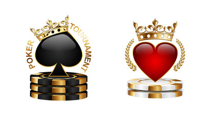 Poker tournament emblem logo isolated on white background. Black spades in golden crown on stack of black casino chips. Royal red hearts in laurel wreath. Vector VIP casino sign design set