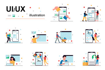 Leinwandbilder - UI UX design and programming concept with people scene set. Men and women create application interfaces, test and optimize programs, places graphic content. Vector illustration in flat design for web