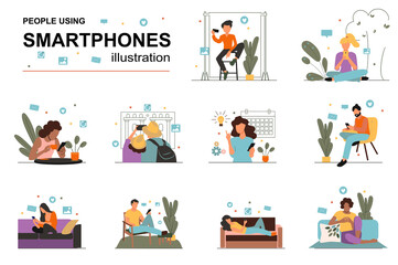 Aufkleber - People using smartphones concept with people scene set. Men and women read news in mobile apps, watch social networks, take selfies, communicate online. Vector illustration in flat design for web