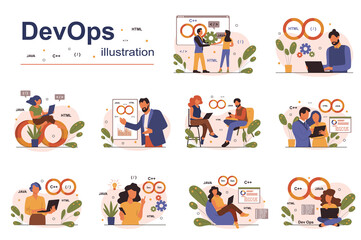 Poster - DevOps concept with people scene set. Men and women develop programs and software, deployment and testing, management, communication, automation, teamwork. Vector illustration in flat design for web
