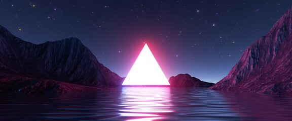 Wall Mural - 3d render, abstract background with landscape and triangular geometric shape glowing in the dark. mo