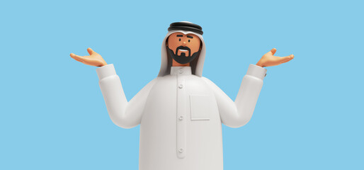 3d render, cartoon character arab man with beard wears traditional white clothes and looks at camera, hands up. Comparison or doubt pose. Business clip art isolated on blue background