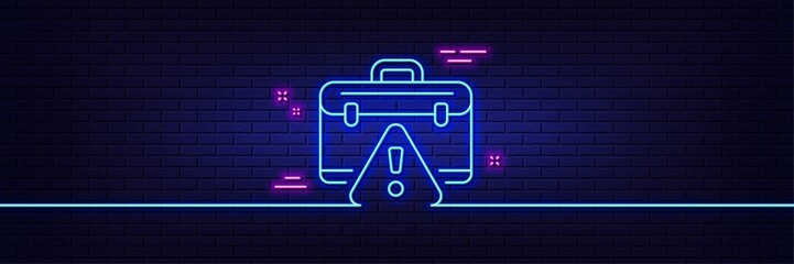 Poster - Neon light glow effect. Warning briefcase line icon. Attention triangle sign. Caution diplomat symbol. 3d line neon glow icon. Brick wall banner. Warning briefcase outline. Vector