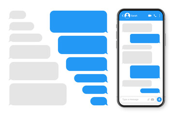 Realistic smartphone with messaging app. Blank SMS text frame. Conversation chat screen with blue message bubbles. Social media application. Vector illustration.