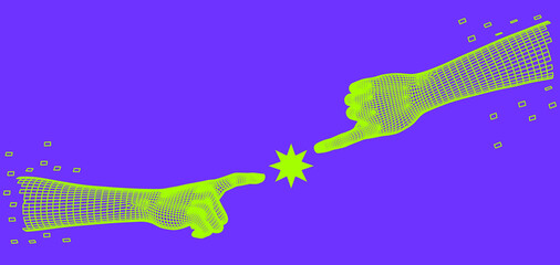 Aufkleber - 3D low-poly hand models made of polygonal wireframe. Arms going to touch together like in Adam creation scene. 