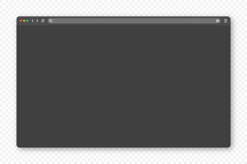 Blank web browser window with toolbar and search field. Modern website, internet page in flat style. Browser mockup for computer, tablet and smartphone. Dark mode. Vector illustration