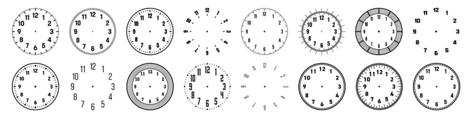 Mechanical clock faces with arabic numerals, bezel. Watch dial with minute, hour marks and numbers. Timer or stopwatch element. Blank measuring circle scale with divisions. Vector illustration