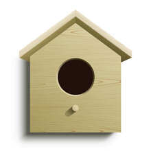 Wooden Birdhouse Isolated On White Background. Bird House 3D Vector Illustration.