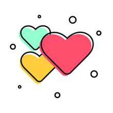 Colorful Heart Shape Set On White Background. Red Blue And Yellow Heart With Offset Outline. Vector Illustration.