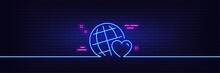 Neon Light Glow Effect. Friends World Line Icon. Friendship Love Sign. Assistance Business Symbol. 3d Line Neon Glow Icon. Brick Wall Banner. Friends World Outline. Vector