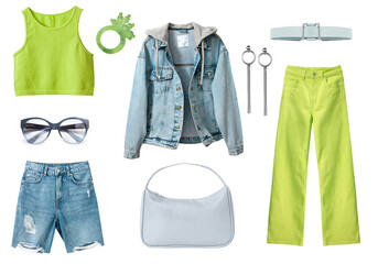 Fashion bright female denim clothes. Lemon green color women's wear. Girl's modern clothing isolated.