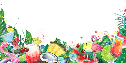 Horizontal board with tropical, beach cocktails, fruits, berries and palm leaves. Bright, juicy, watercolor illustration. A frame for the design and decoration of menus, posters, booklets, souvenirs.