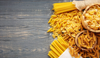 composition of raw Italian Spaghetti pasta Different shapes	
