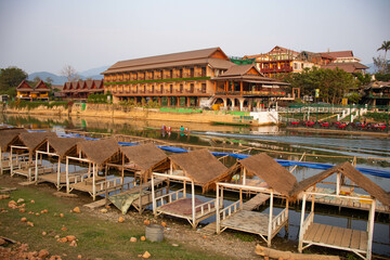 Sticker - A beautiful panoramic view of Vang Vieng city in Laos.