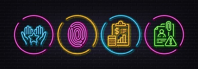 Ranking, Fingerprint and Report minimal line icons. Neon laser 3d lights. Search employee icons. For web, application, printing. Hold star, Finger identify, Survey clipboard. Cv warning. Vector