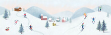 Panoramic Illustration Of Winter Wonderland In Pink Pastel Background.The Cute Small Village In Christmas Day With Snow.People Skiing In Mountain Resort. Minimal Winter Landscape.
Cartoon Illustration