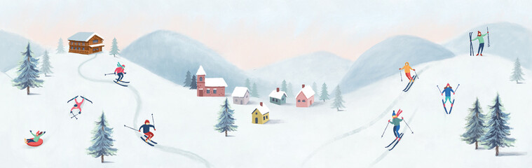 panoramic illustration of winter wonderland in pink pastel background.the cute small village in chri