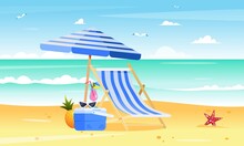 Beach Umbrella, Chair, Pineapple And Fridge Cooler With Cocktail And Sunglasses On It. Flat Vector Illustration, Summer Vacation And Travel Concept. Sea Background With Sky